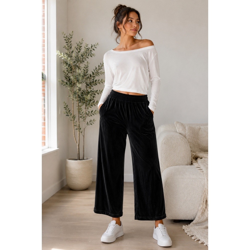 Black Velour (M) Womens Cropped-Wide Leg-Pull On Pants -Minimalist-Lounge-Travel